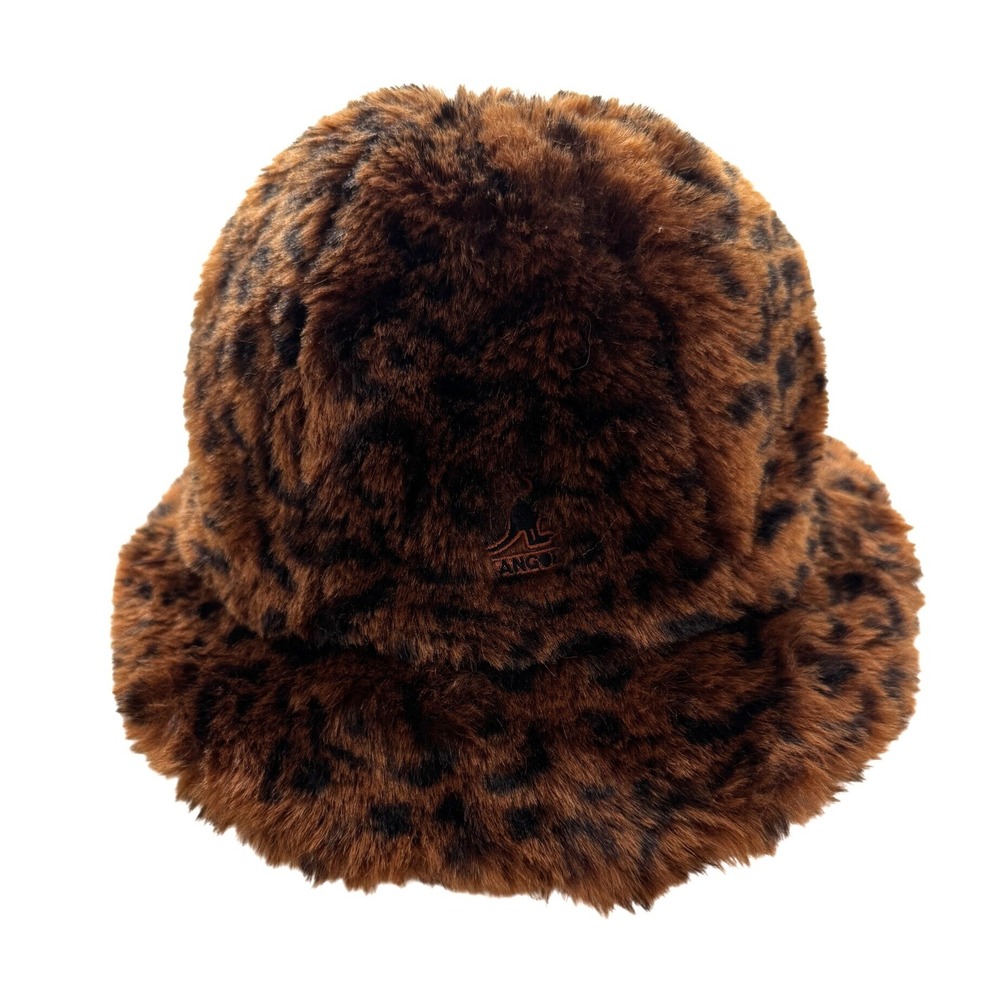 KANGOL Faux Fur Casual Brown Leopard Print Bucket Hat Size Small